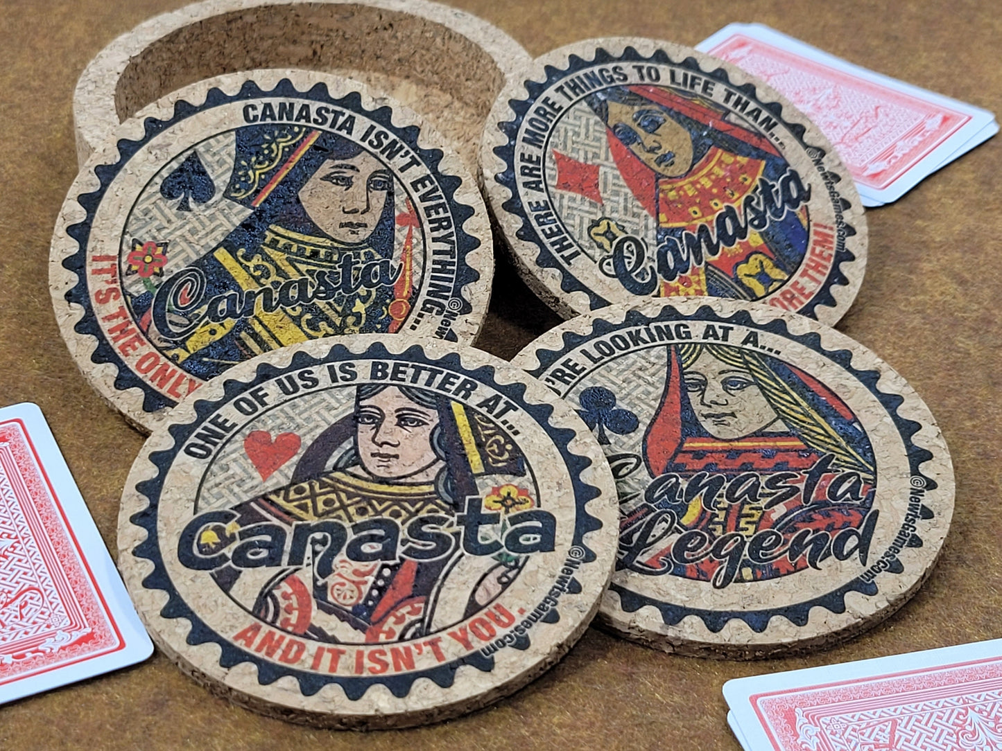 Canasta Coaster Set: Corked Drink Coasters with Holder, Card Game Gift