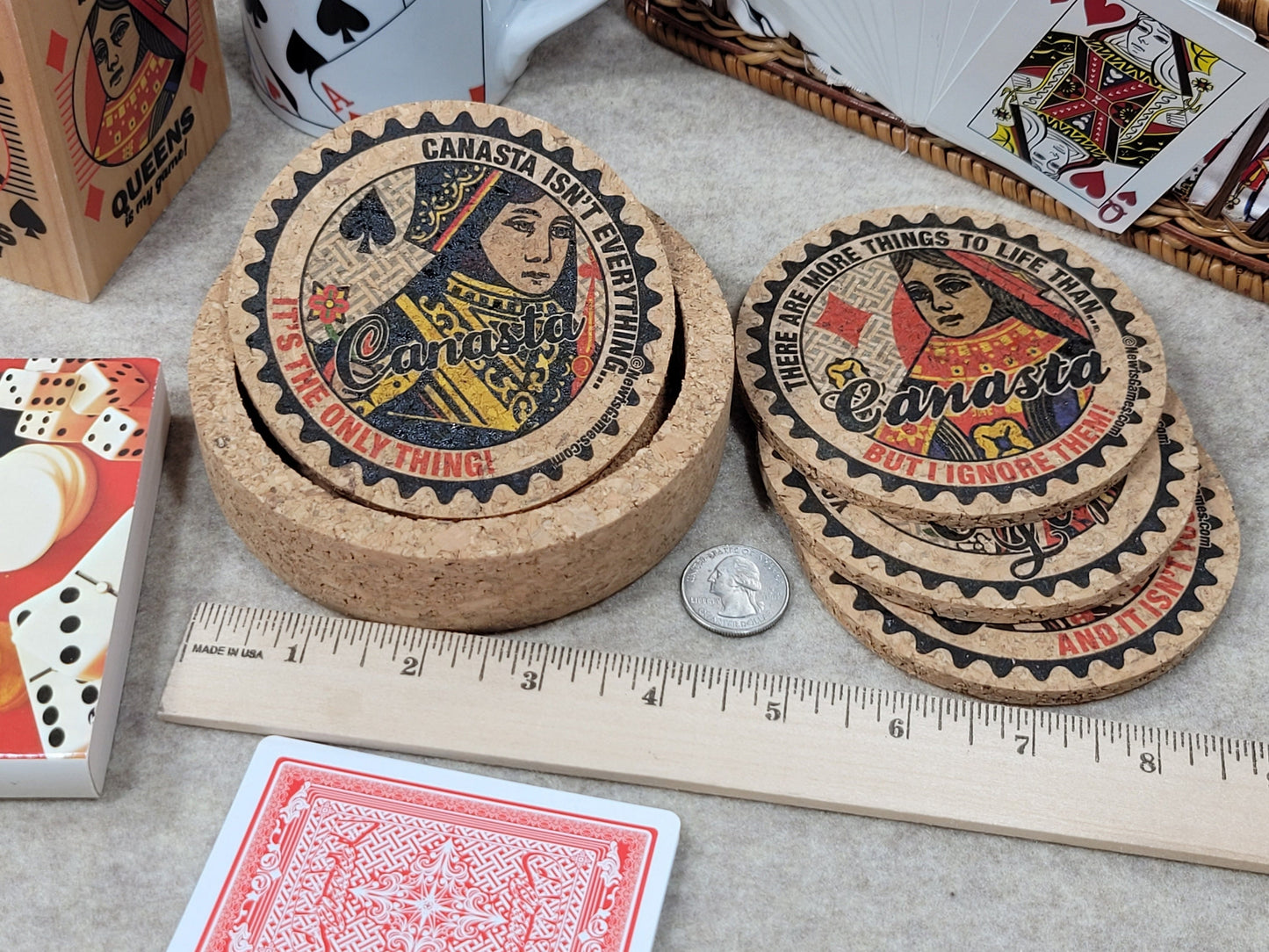 Canasta Coaster Set: Corked Drink Coasters with Holder, Card Game Gift