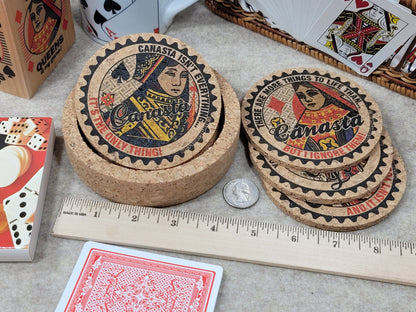 Canasta Coaster Set: Corked Drink Coasters with Holder, Card Game Gift