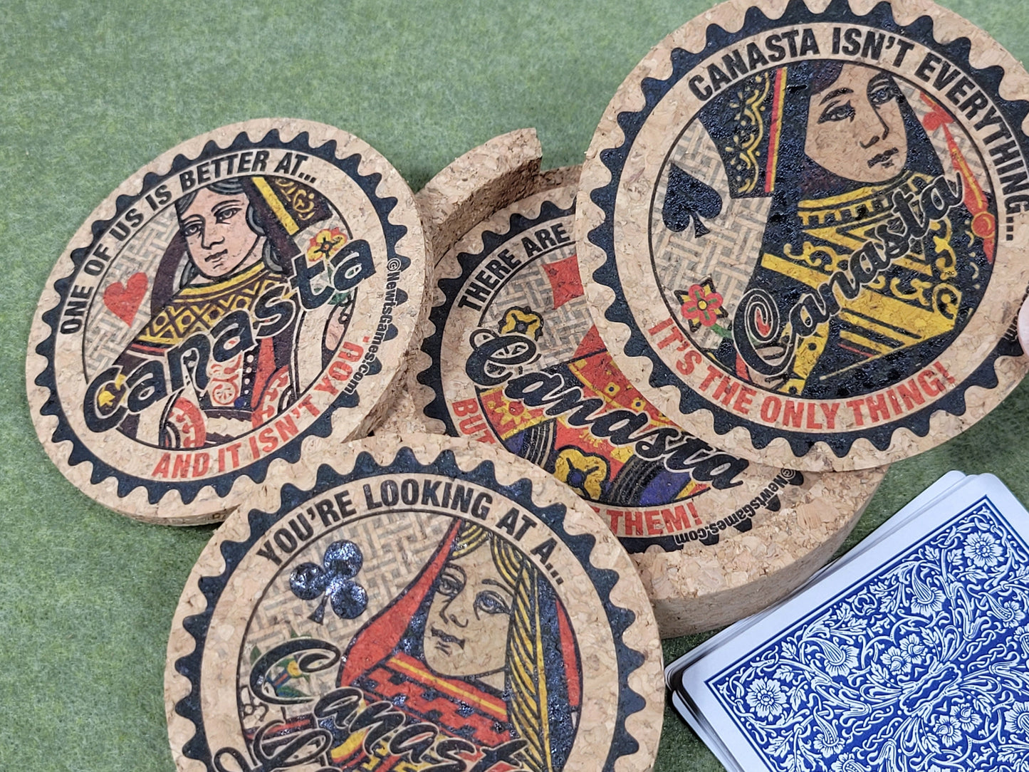 Canasta Coaster Set: Corked Drink Coasters with Holder, Card Game Gift