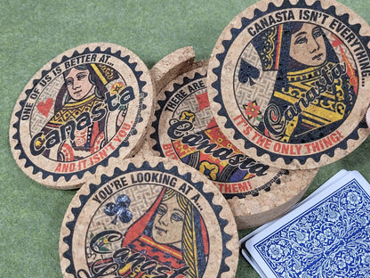 Canasta Coaster Set: Corked Drink Coasters with Holder, Card Game Gift