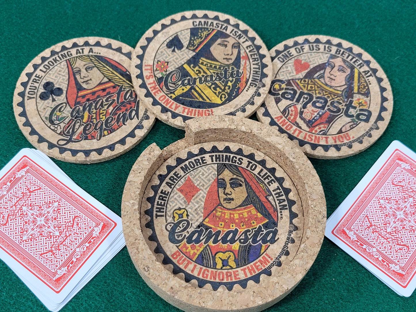 Canasta Coaster Set: Corked Drink Coasters with Holder, Card Game Gift