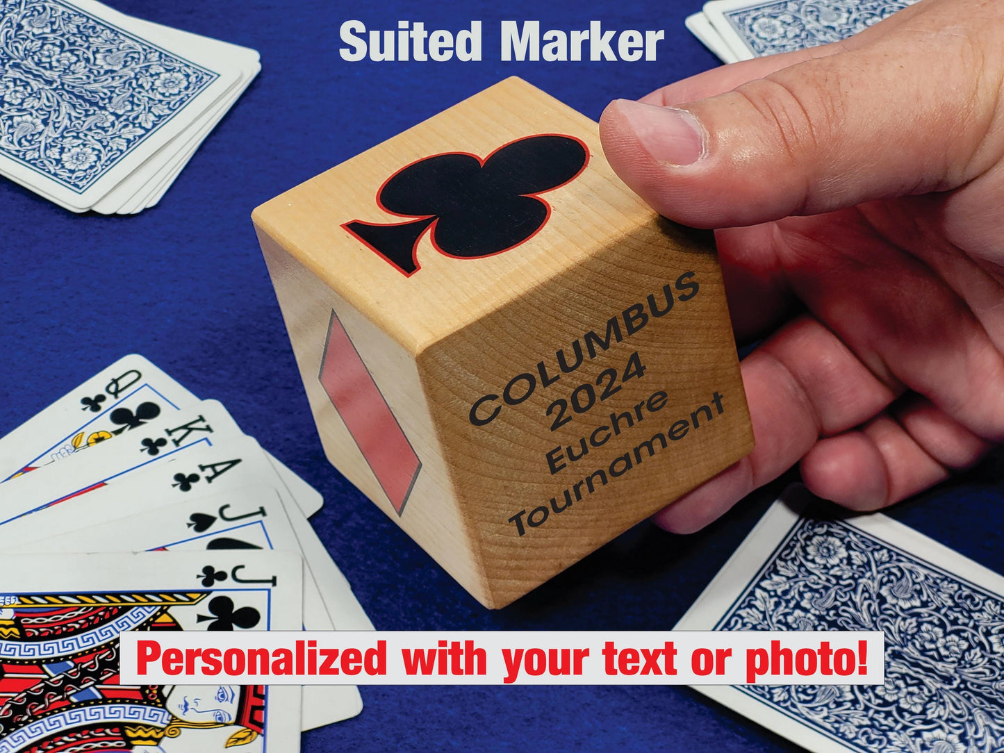 Personalized Photo Card Game Marker: Stained Wood Cube, Euchre, Pinochle Bridge