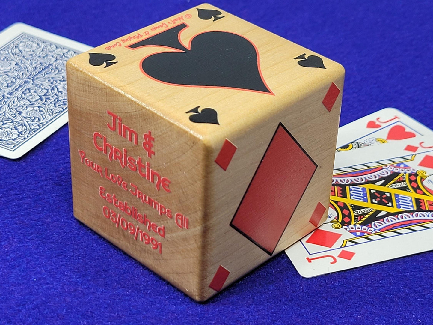 Personalized Photo Card Game Marker: Stained Wood Cube, Euchre, Pinochle Bridge