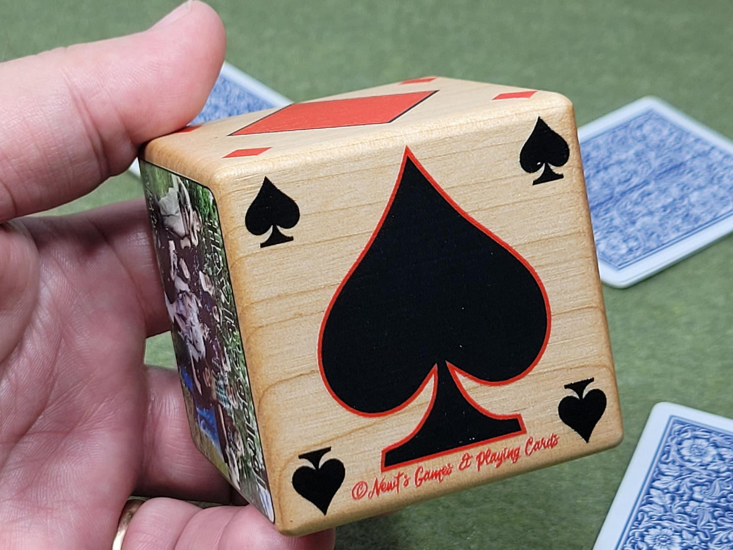 Personalized Photo Card Game Marker: Stained Wood Cube, Euchre, Pinochle Bridge