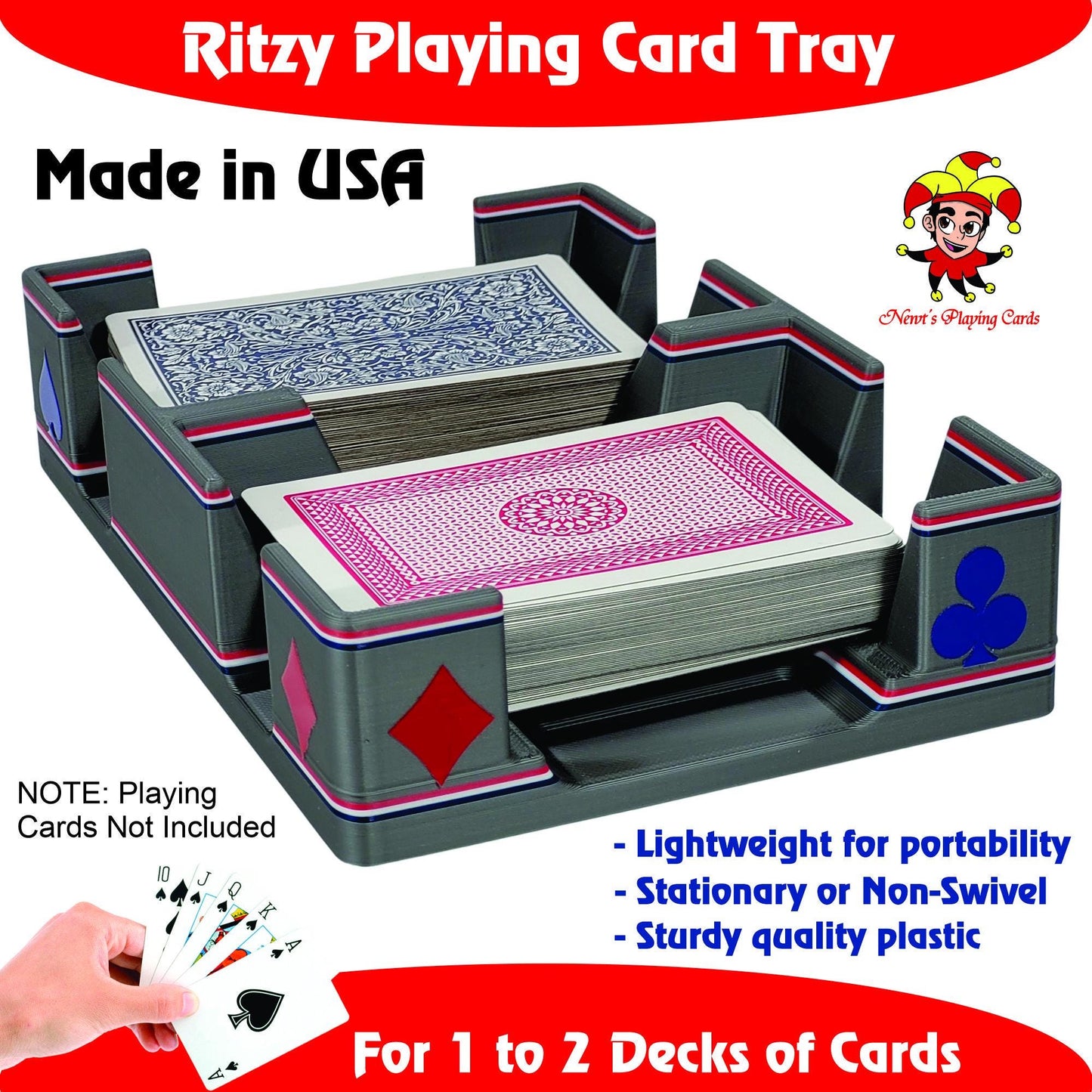 Patriotic Playing Card Tray, suited designed for 2 decks - US Made (Ritzy Design)