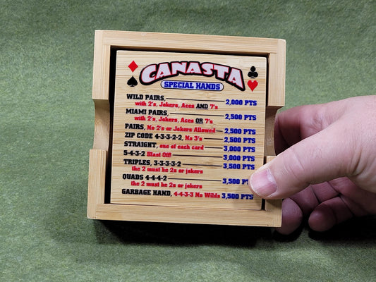 Canasta Hands Bamboo Coasters with Holder: Playing Card Game Room Decor