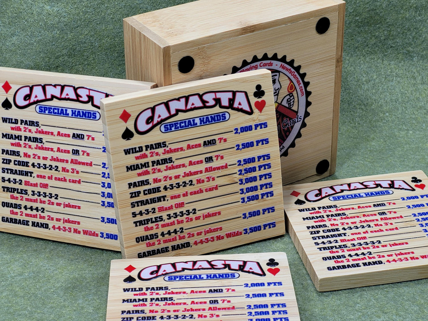 Canasta Hands Bamboo Coasters with Holder: Playing Card Game Room Decor