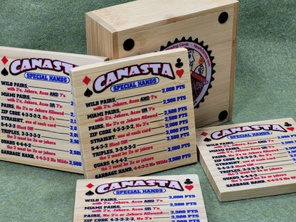 Canasta Hands Bamboo Coasters with Holder: Playing Card Game Room Decor