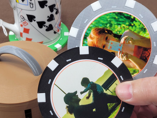 Custom Photo Poker Chip Coasters - Add 1 or 5 different photos to create your own unique gift or game room set, optional poker chip case
