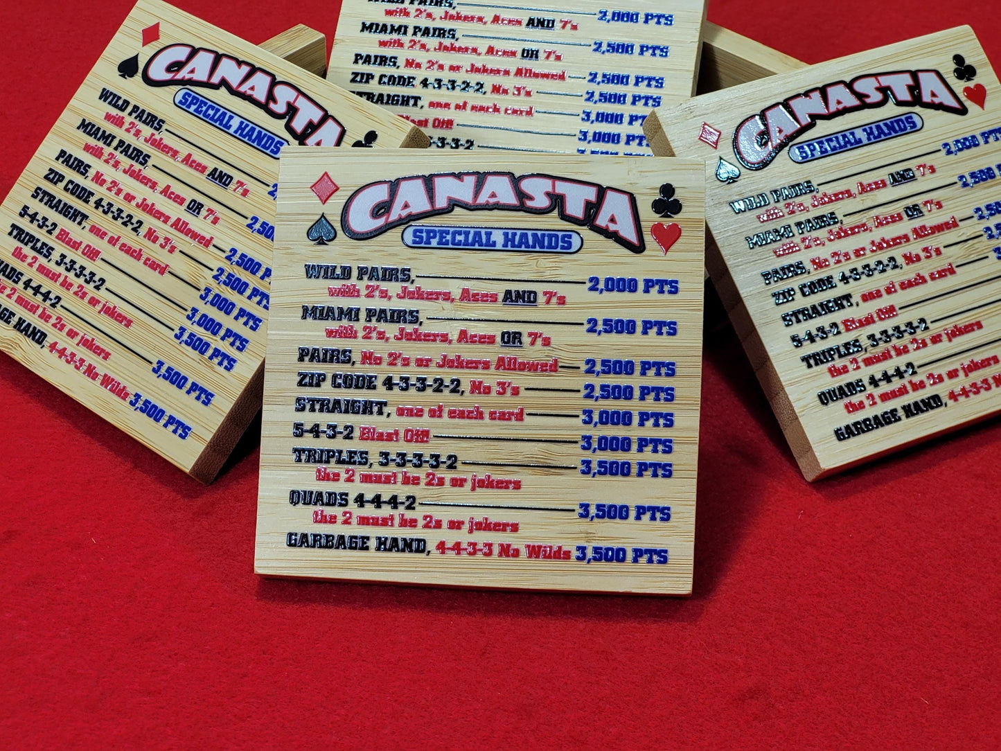 Canasta Hands Bamboo Coasters with Holder: Playing Card Game Room Decor