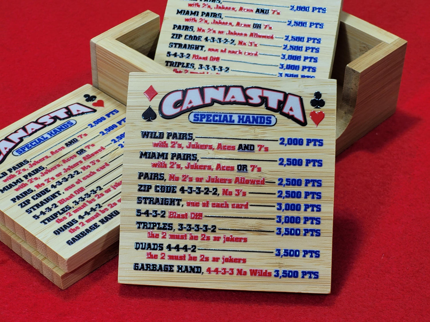 Canasta Hands Bamboo Coasters with Holder: Playing Card Game Room Decor