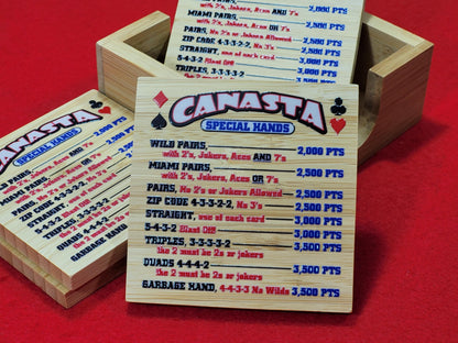 Canasta Hands Bamboo Coasters with Holder: Playing Card Game Room Decor