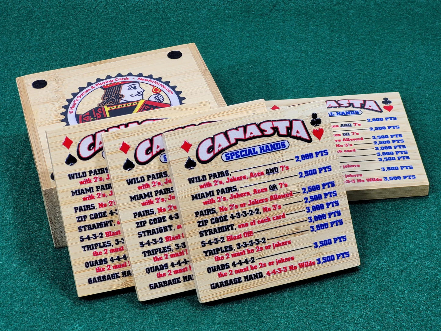 Canasta Hands Bamboo Coasters with Holder: Playing Card Game Room Decor