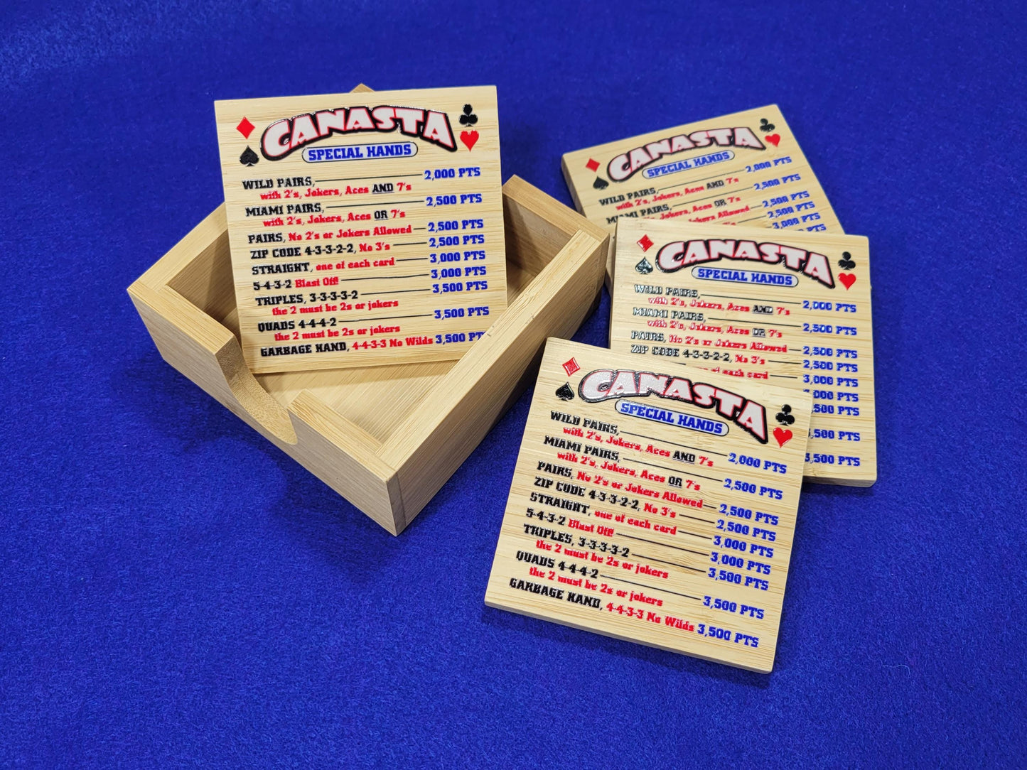 Canasta Hands Bamboo Coasters with Holder: Playing Card Game Room Decor