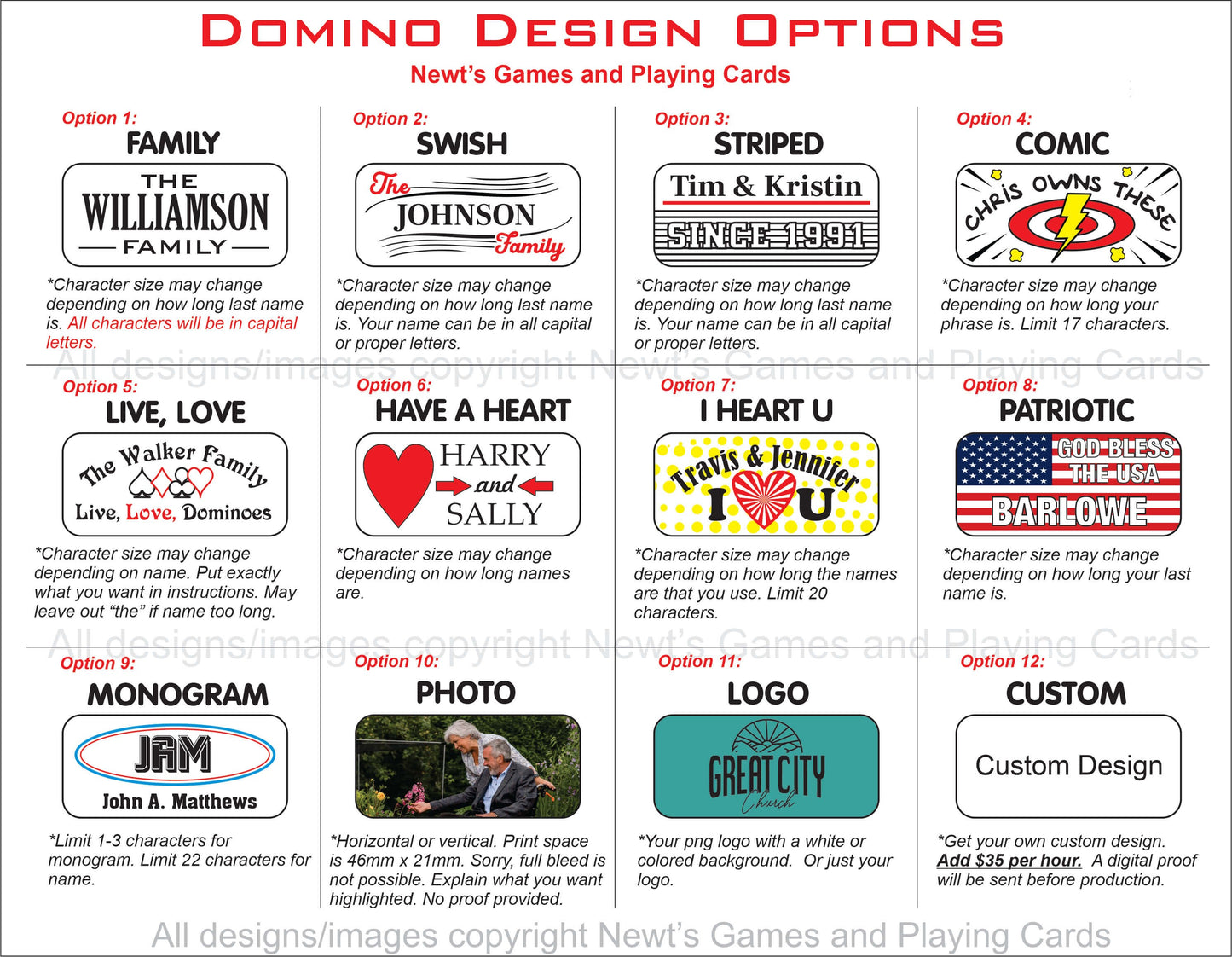 Personalized Dominoes Double 6 Set: Custom Photo or Text, Hearts/Spades/Clubs