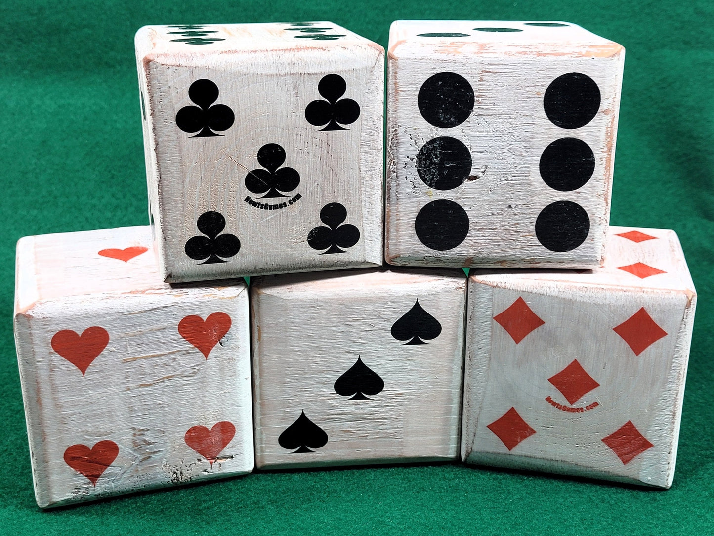 Personalized Giant Wood Dice: Distressed Style, Card Suit Pips
