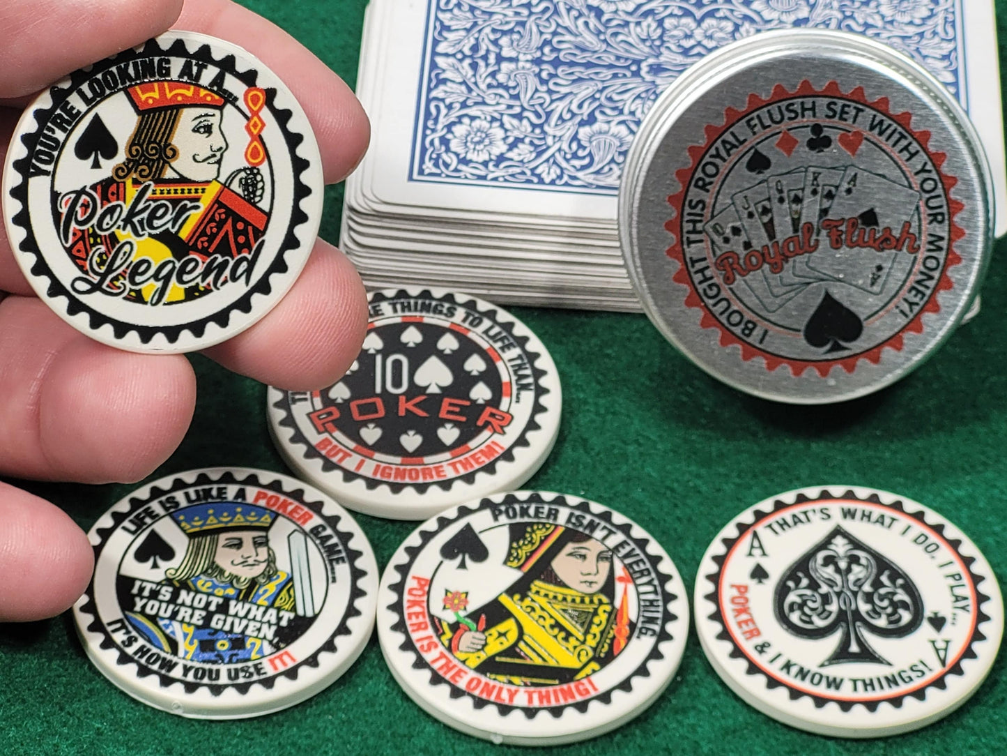 Royal Flush Ceramic Poker Chip Set: Card Guards in Tin