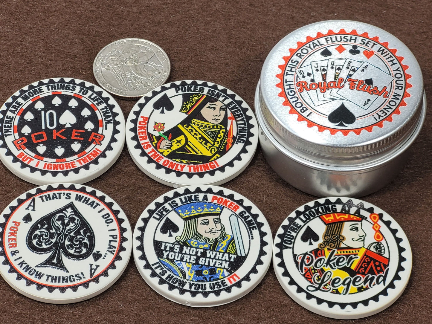 Royal Flush Ceramic Poker Chip Set: Card Guards in Tin