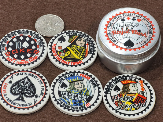 Royal Flush Ceramic Poker Chip Set: Card Guards in Tin