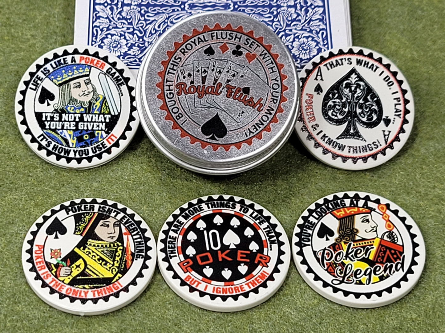 Royal Flush Ceramic Poker Chip Set: Card Guards in Tin