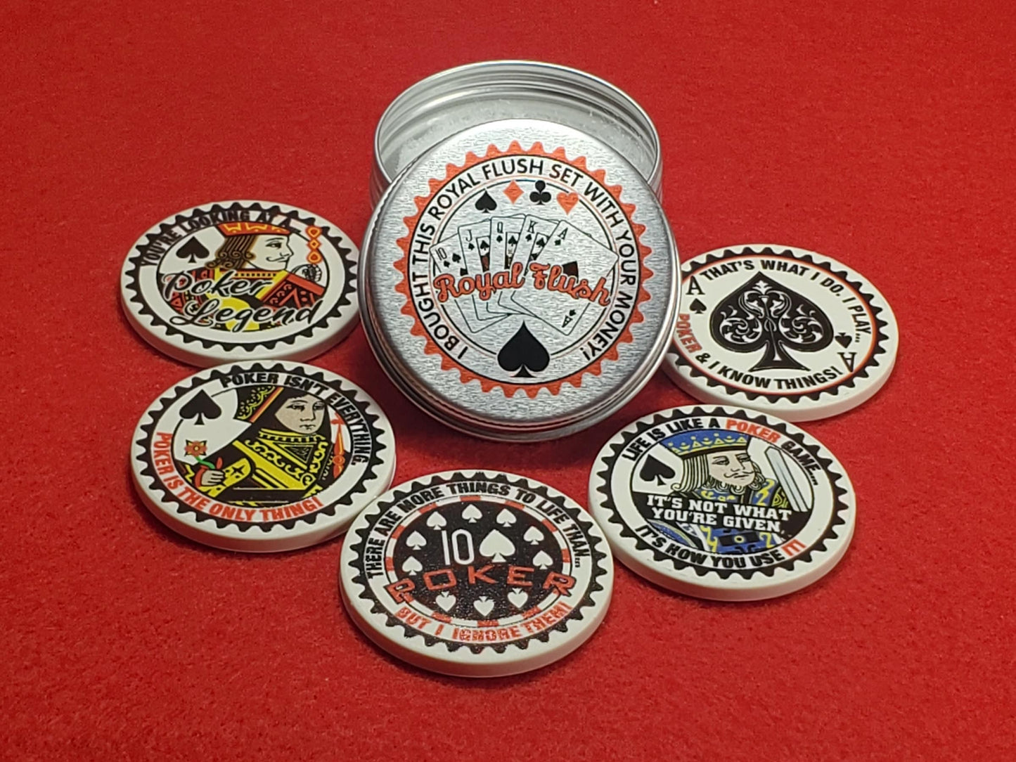 Royal Flush Ceramic Poker Chip Set: Card Guards in Tin