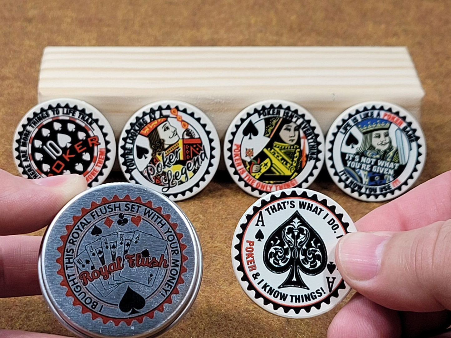 Royal Flush Ceramic Poker Chip Set: Card Guards in Tin