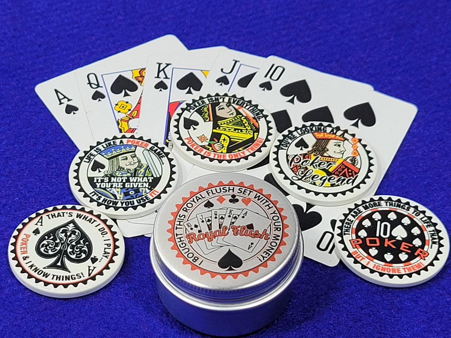 Royal Flush Ceramic Poker Chip Set: Card Guards in Tin