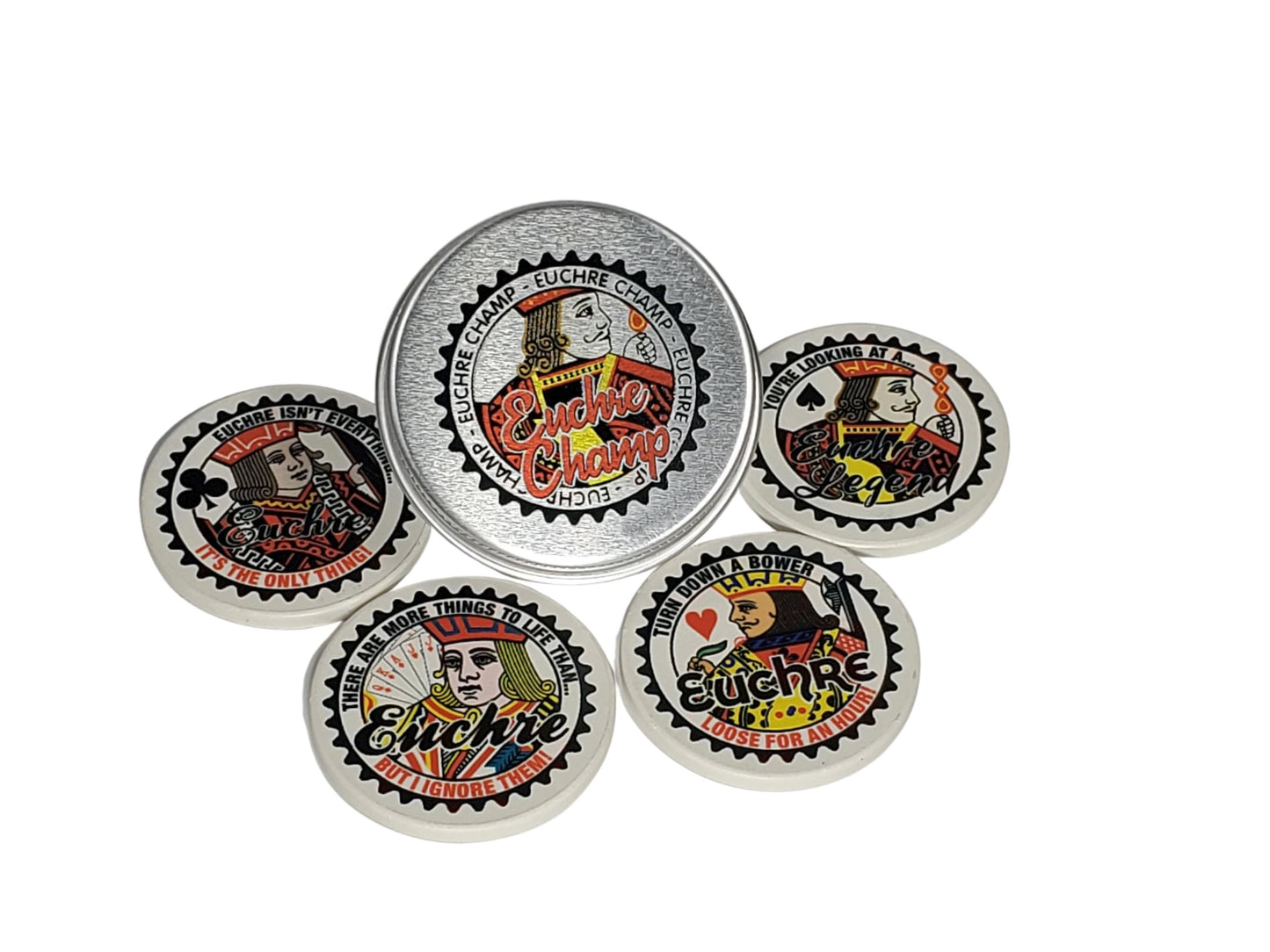 Euchre Champ Ceramic Poker Chips: Euchre Player Gift in Tin