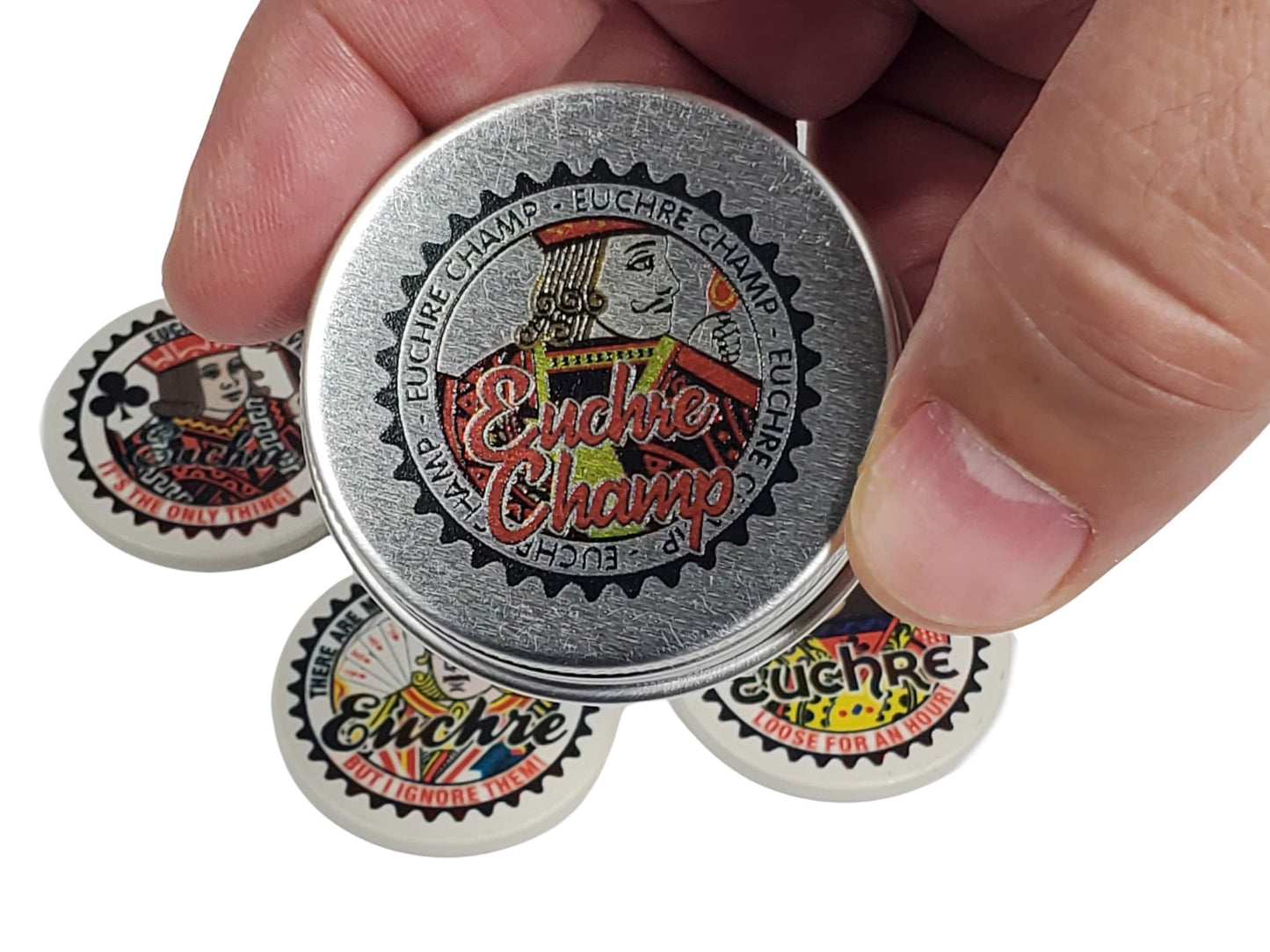 Euchre Champ Ceramic Poker Chips: Euchre Player Gift in Tin