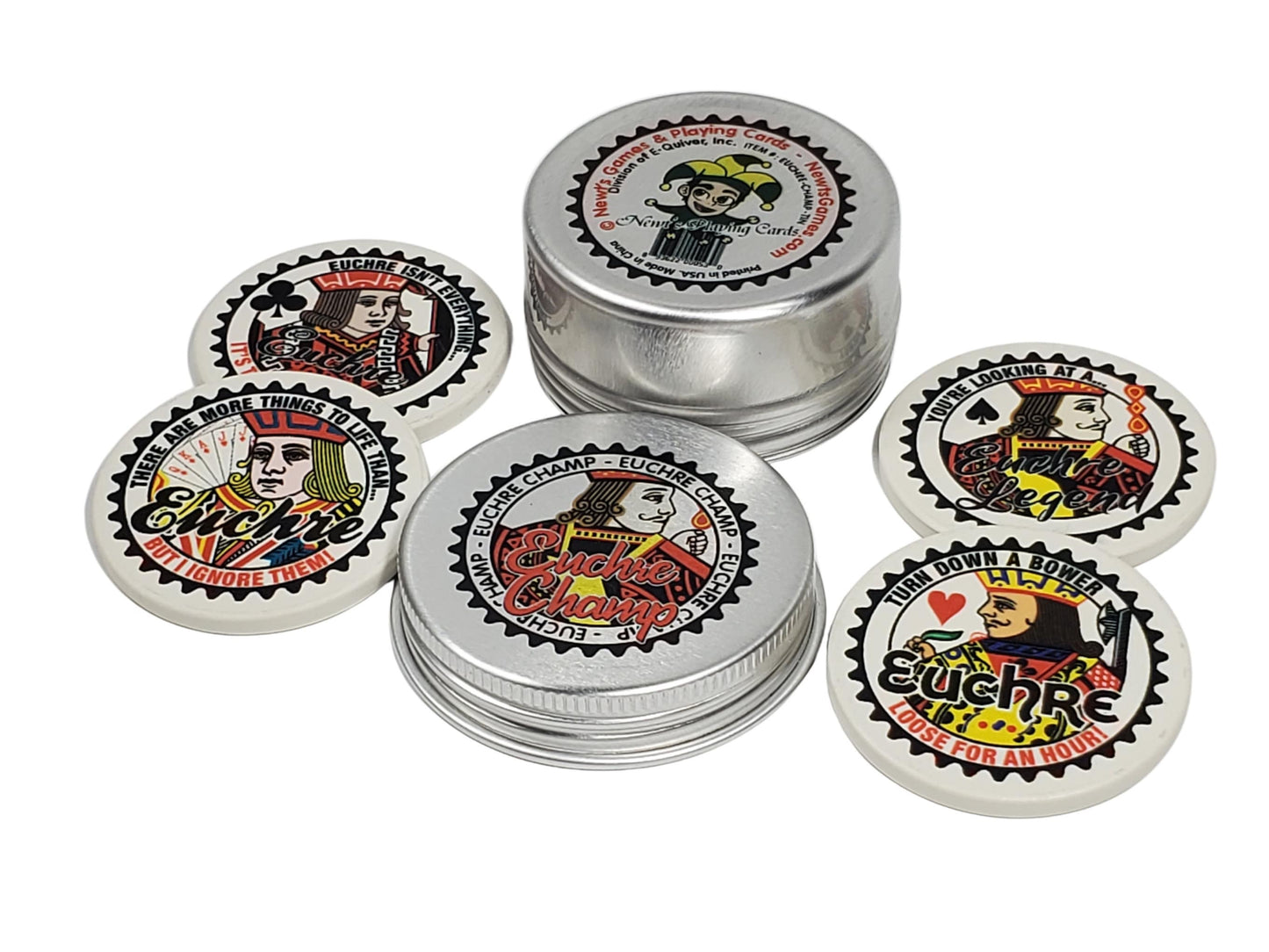 Euchre Champ Ceramic Poker Chips: Euchre Player Gift in Tin