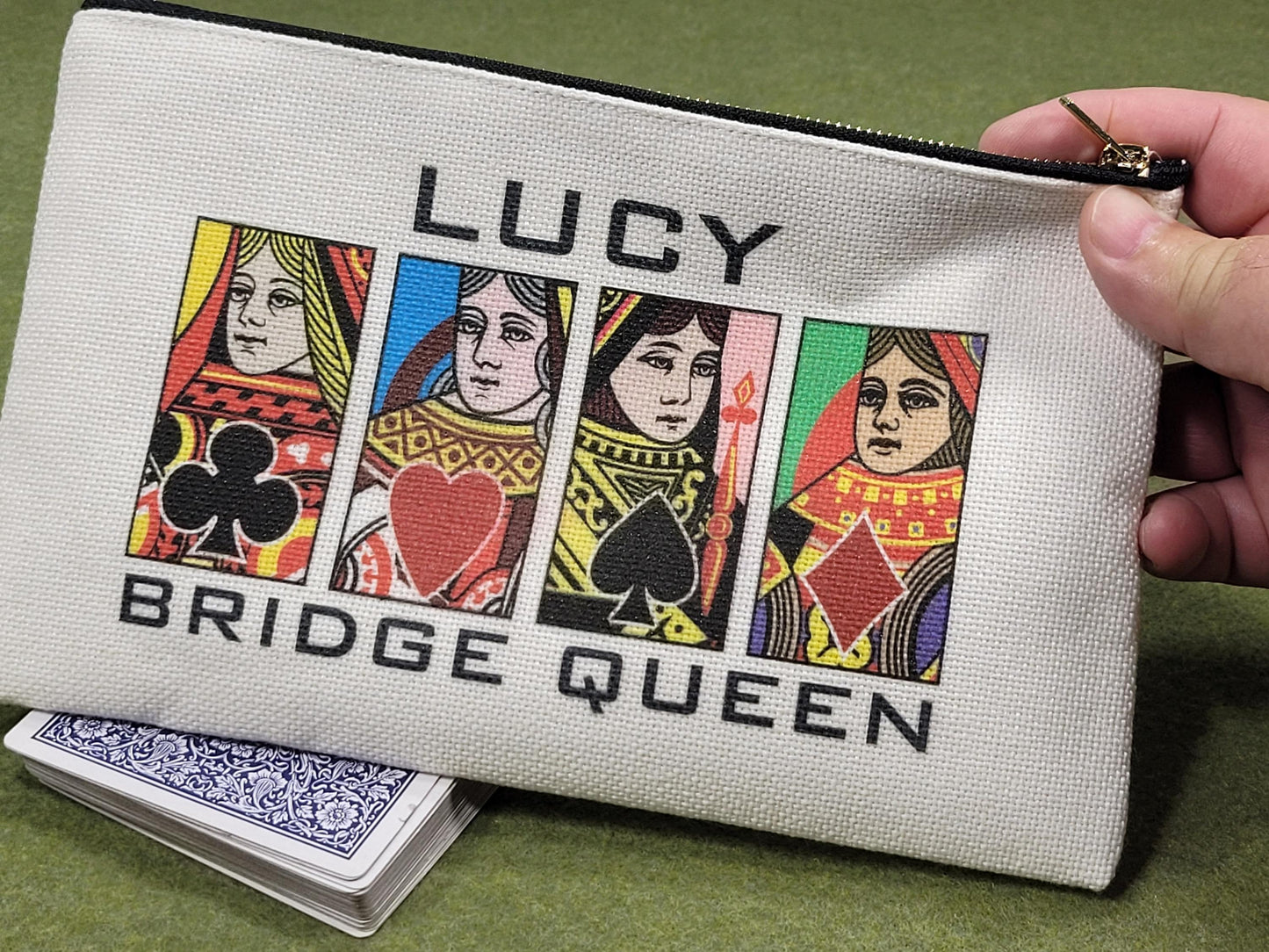 Bridge Queen or King, Linen Zipper Pouch: Custom Playing Card Night Bag