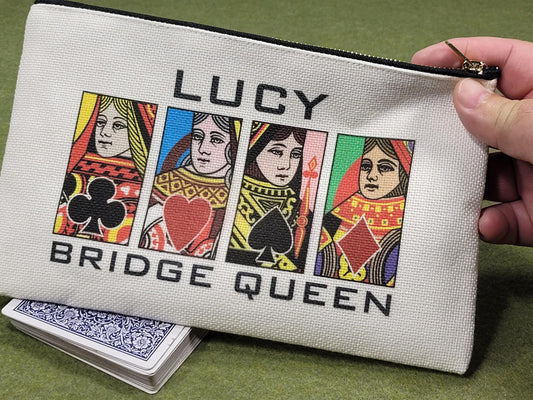 Bridge Queen or King, Linen Zipper Pouch: Custom Playing Card Night Bag