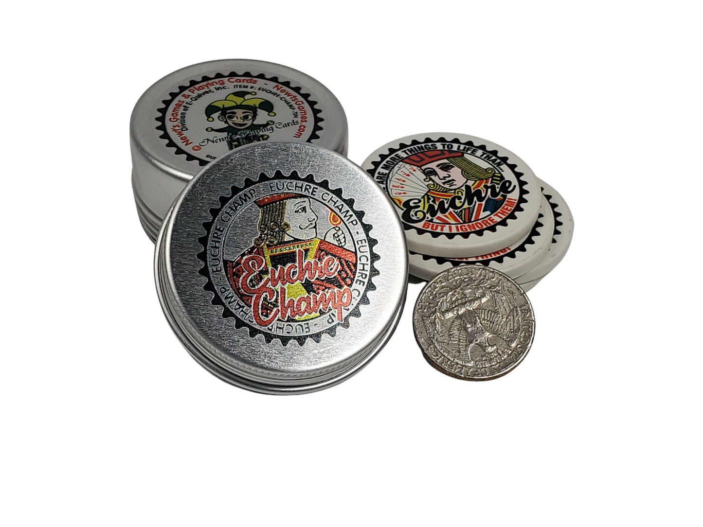 Euchre Champ Ceramic Poker Chips: Euchre Player Gift in Tin