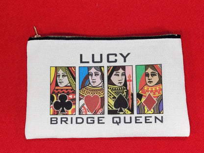 Bridge Queen or King, Linen Zipper Pouch: Custom Playing Card Night Bag
