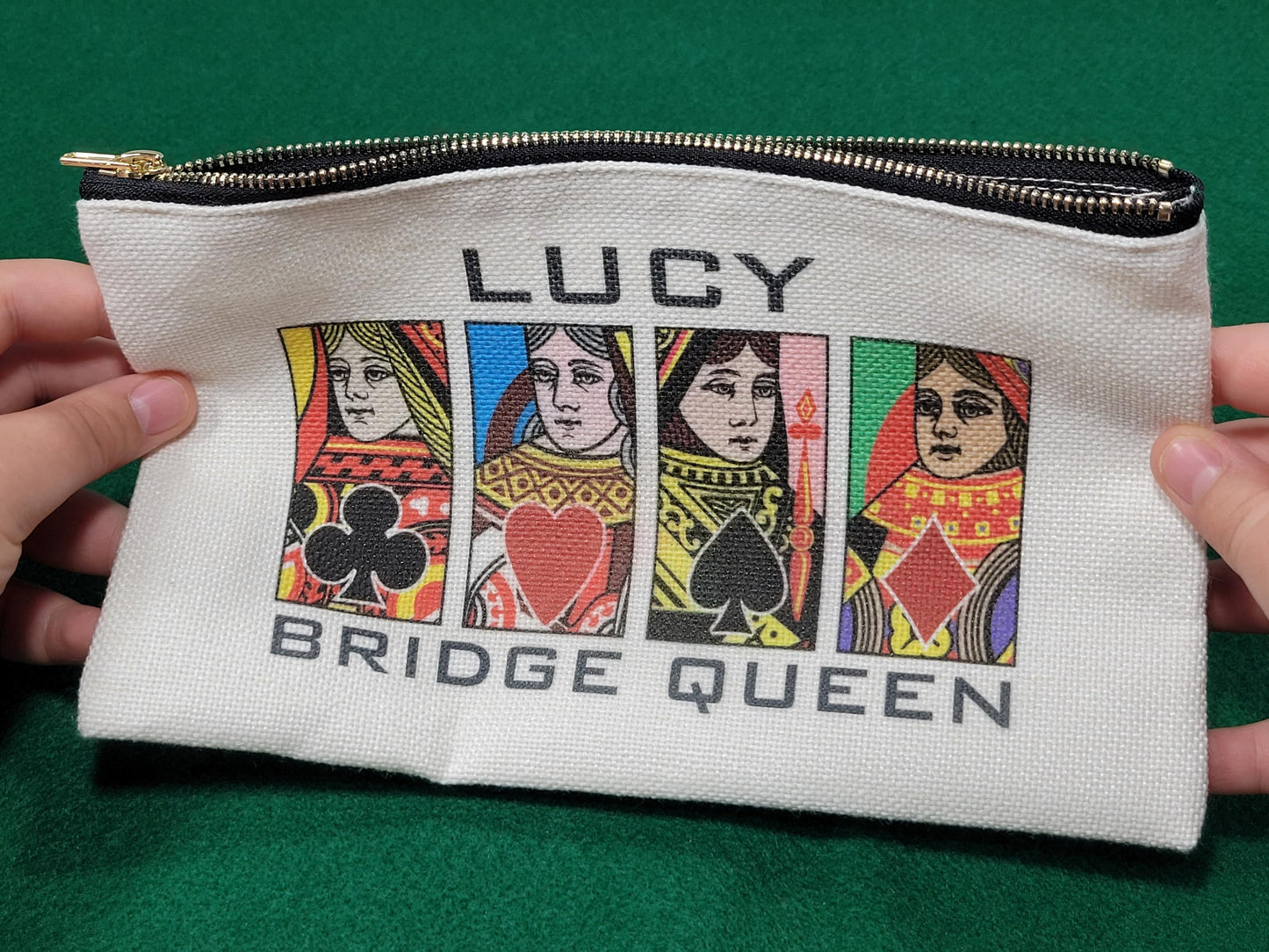 Bridge Queen or King, Linen Zipper Pouch: Custom Playing Card Night Bag