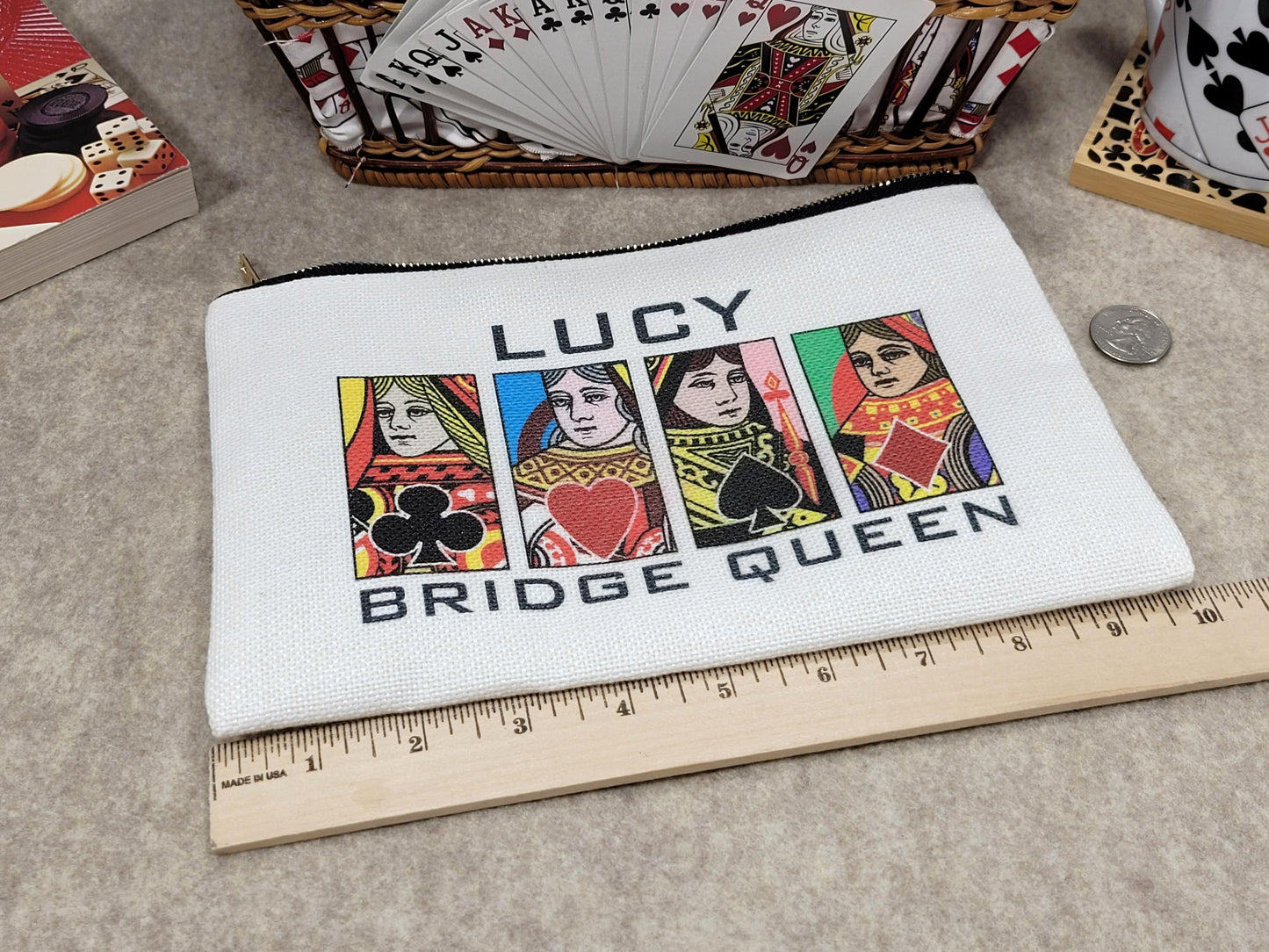 Bridge Queen or King, Linen Zipper Pouch: Custom Playing Card Night Bag