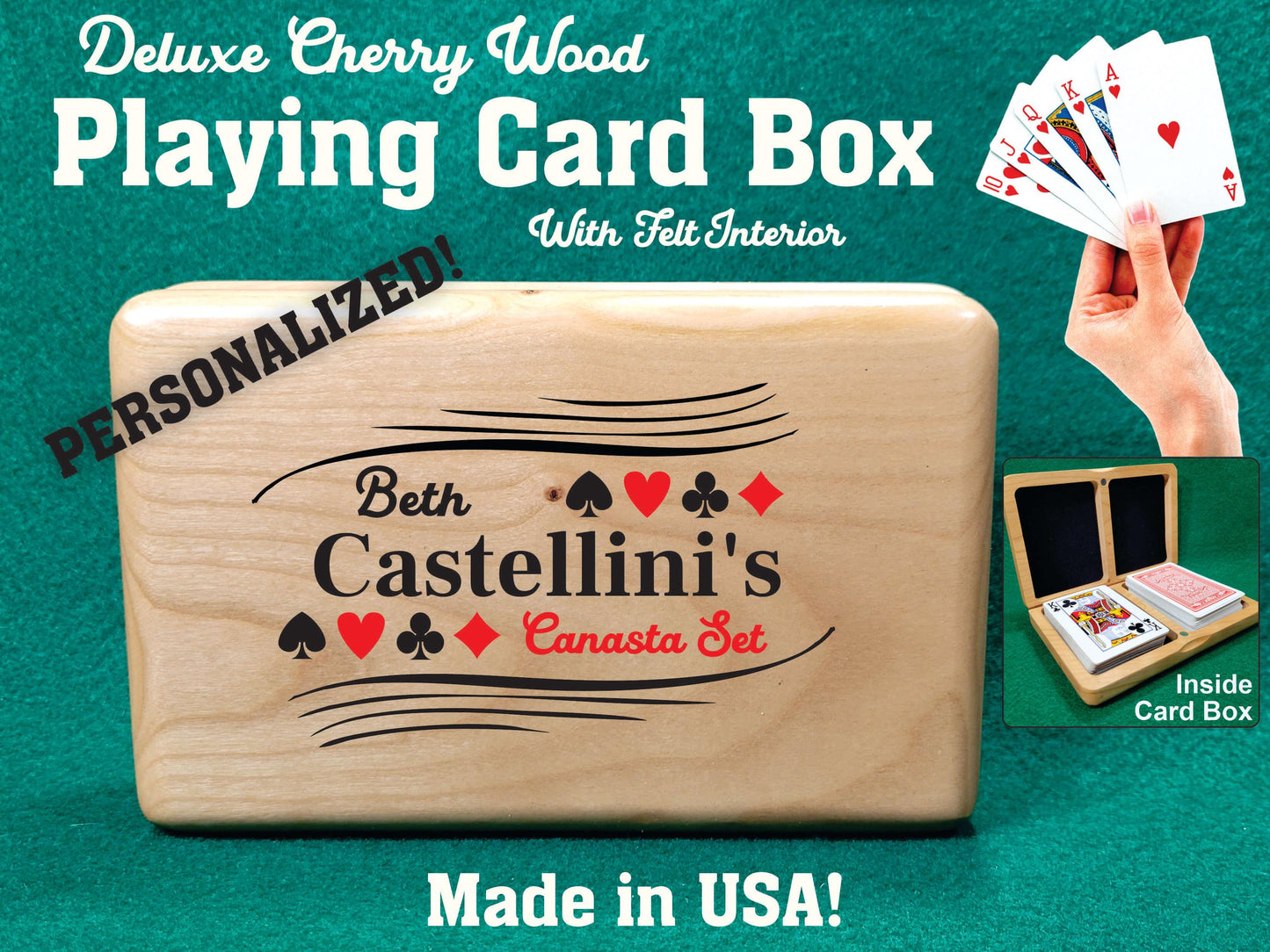 Solid Cherry Wood Playing Card Box: Personalized Canasta Gift - Made in USA