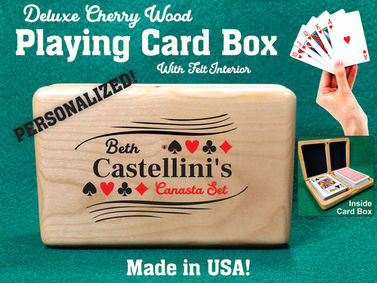 Solid Cherry Wood Playing Card Box: Personalized Canasta Gift - Made in USA