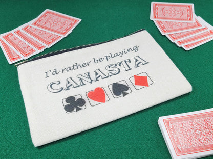 I'd Rather be Playing Canasta, Linen Zipper Pouch: Personalized Card Game Night Bag