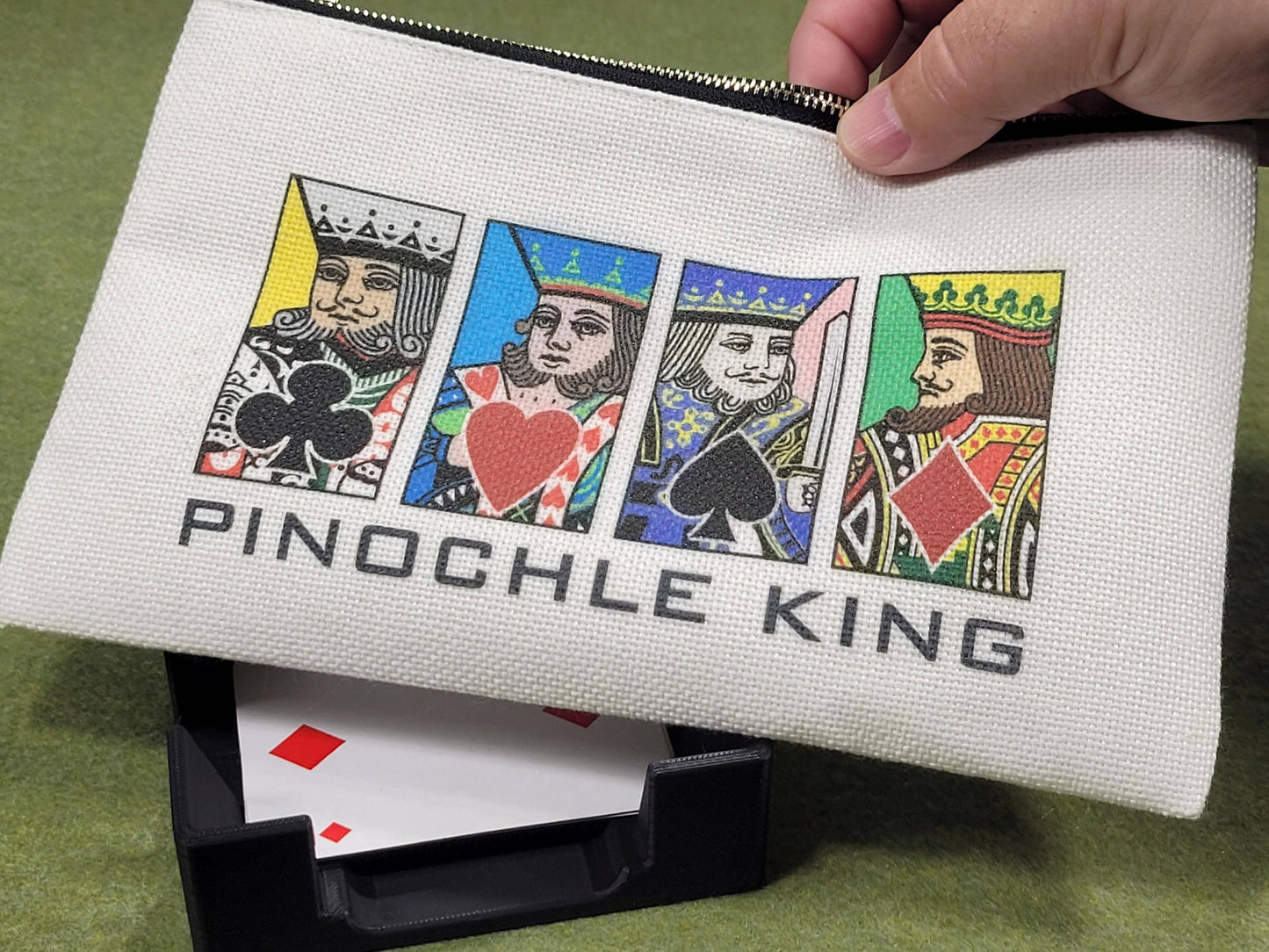 Pinochle Queen or King, Linen Zipper Pouch: Custom Playing Card Night Bag