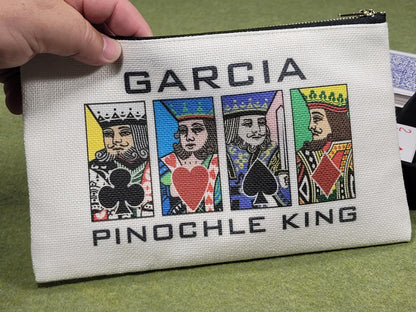 Pinochle Queen or King, Linen Zipper Pouch: Custom Playing Card Night Bag
