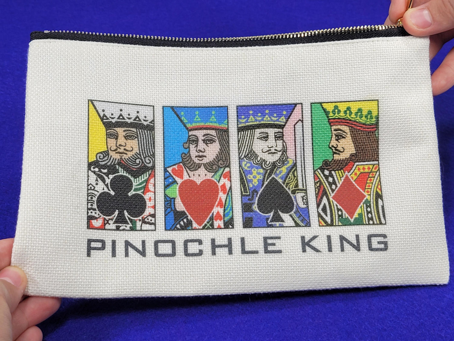 Pinochle Queen or King, Linen Zipper Pouch: Custom Playing Card Night Bag