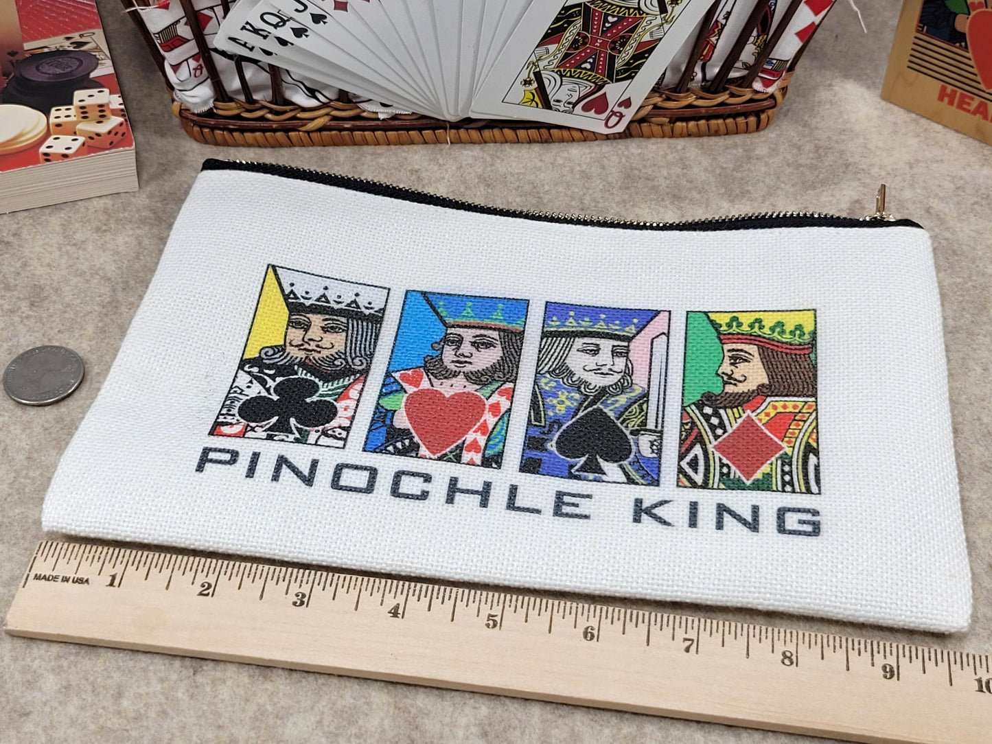 Pinochle Queen or King, Linen Zipper Pouch: Custom Playing Card Night Bag