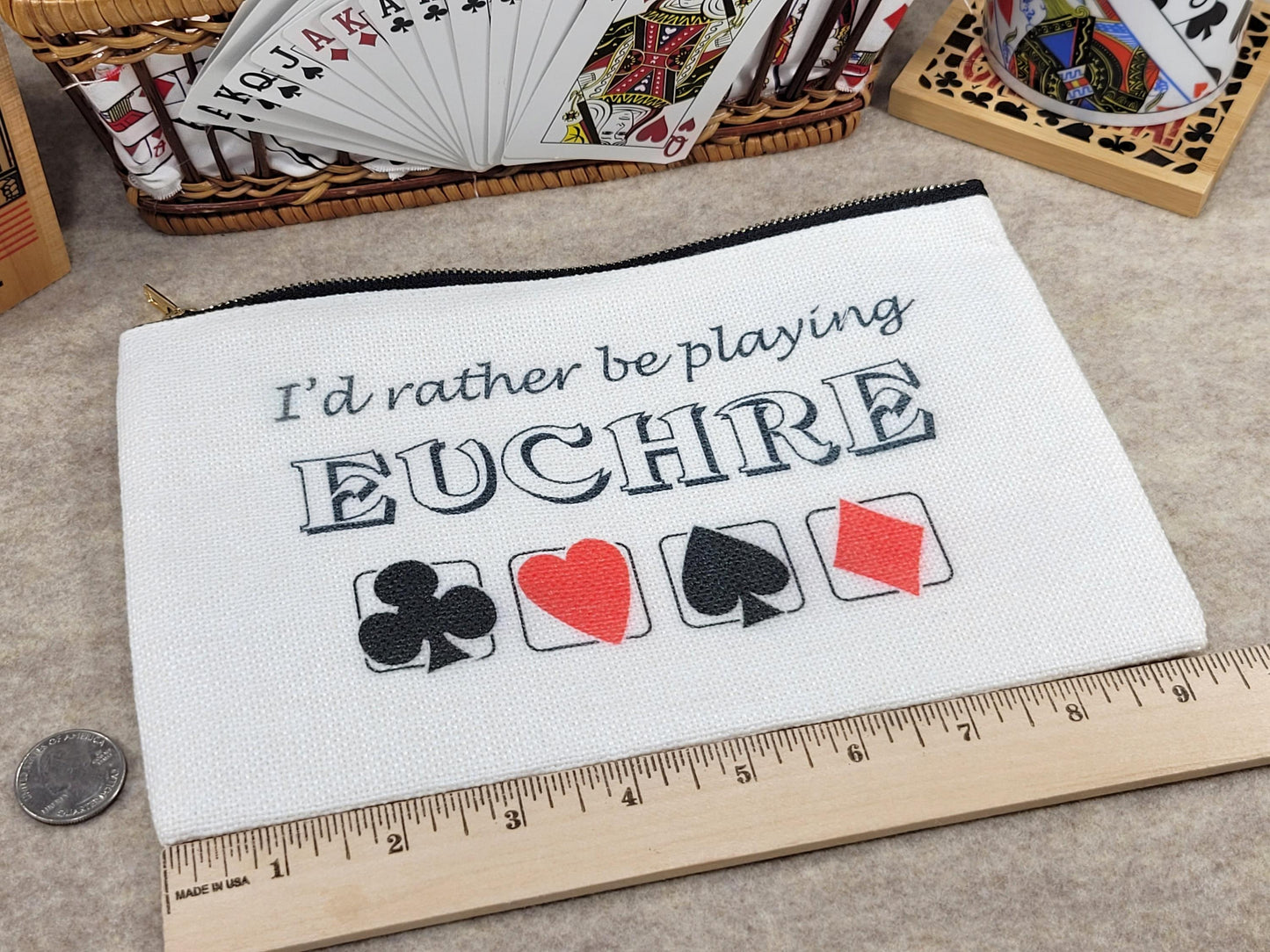I'd Rather be Playing Euchre, Linen Zipper Pouch: Personalized Card Game Night Bag