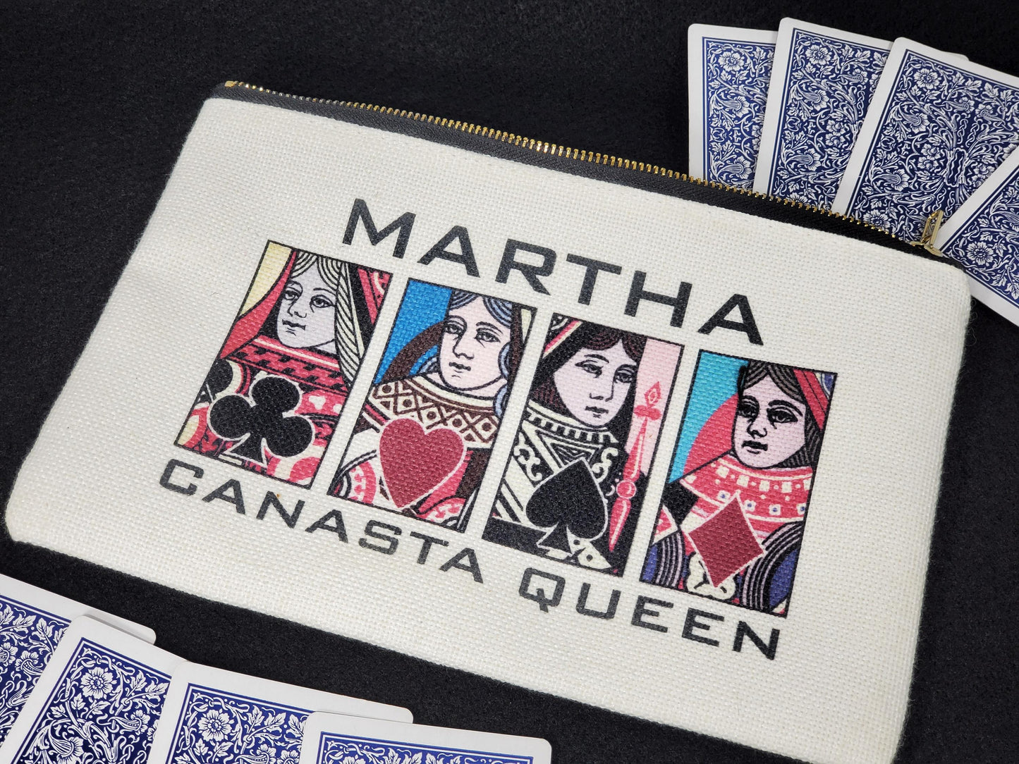 Canasta Queen or King, Linen Zipper Pouch: Custom Playing Card Night Bag