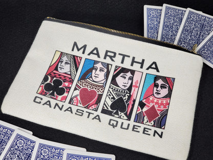 Canasta Queen or King, Linen Zipper Pouch: Custom Playing Card Night Bag