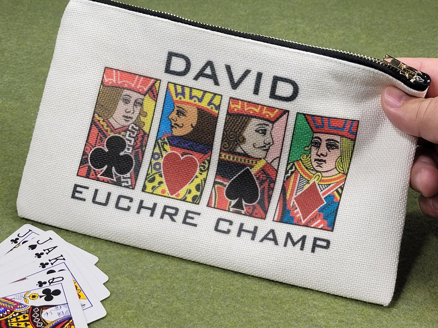 Euchre Jack, Queen or King, Linen Zipper Pouch: Custom Playing Card Night Bag