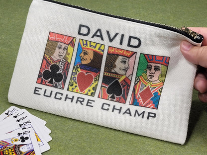 Euchre Jack, Queen or King, Linen Zipper Pouch: Custom Playing Card Night Bag