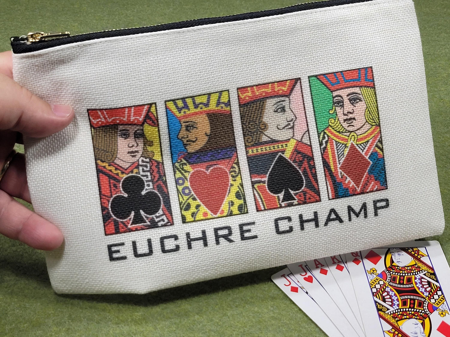 Euchre Jack, Queen or King, Linen Zipper Pouch: Custom Playing Card Night Bag